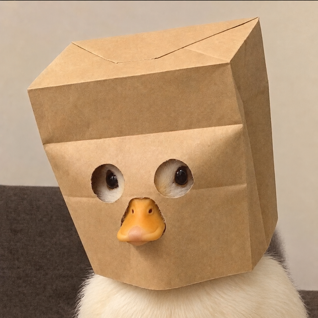 ZDUCK wearing a paper bag helmet